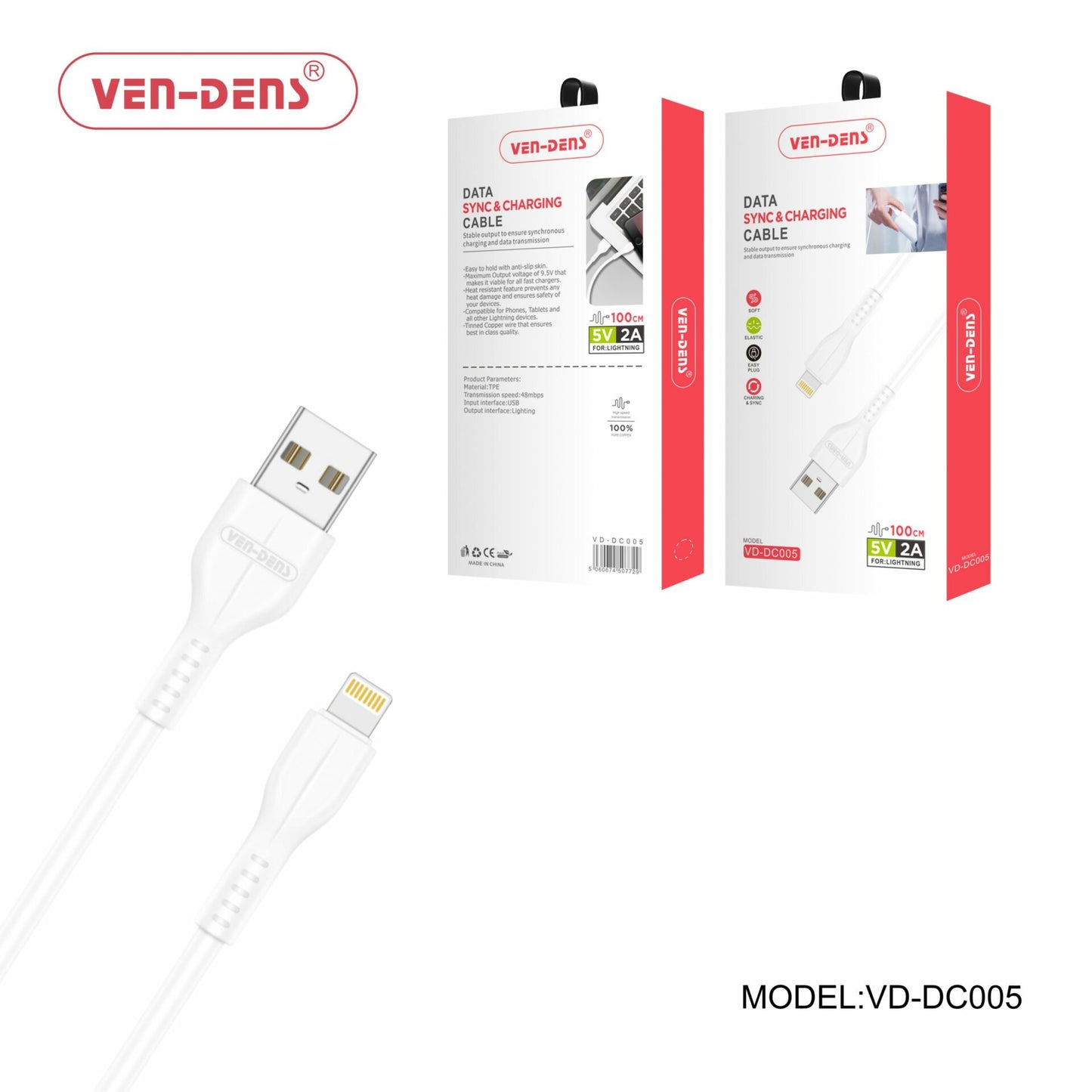 Ven-Dens 2A Type-A to Lightning Data and Charging USB Cable - 1 Metre